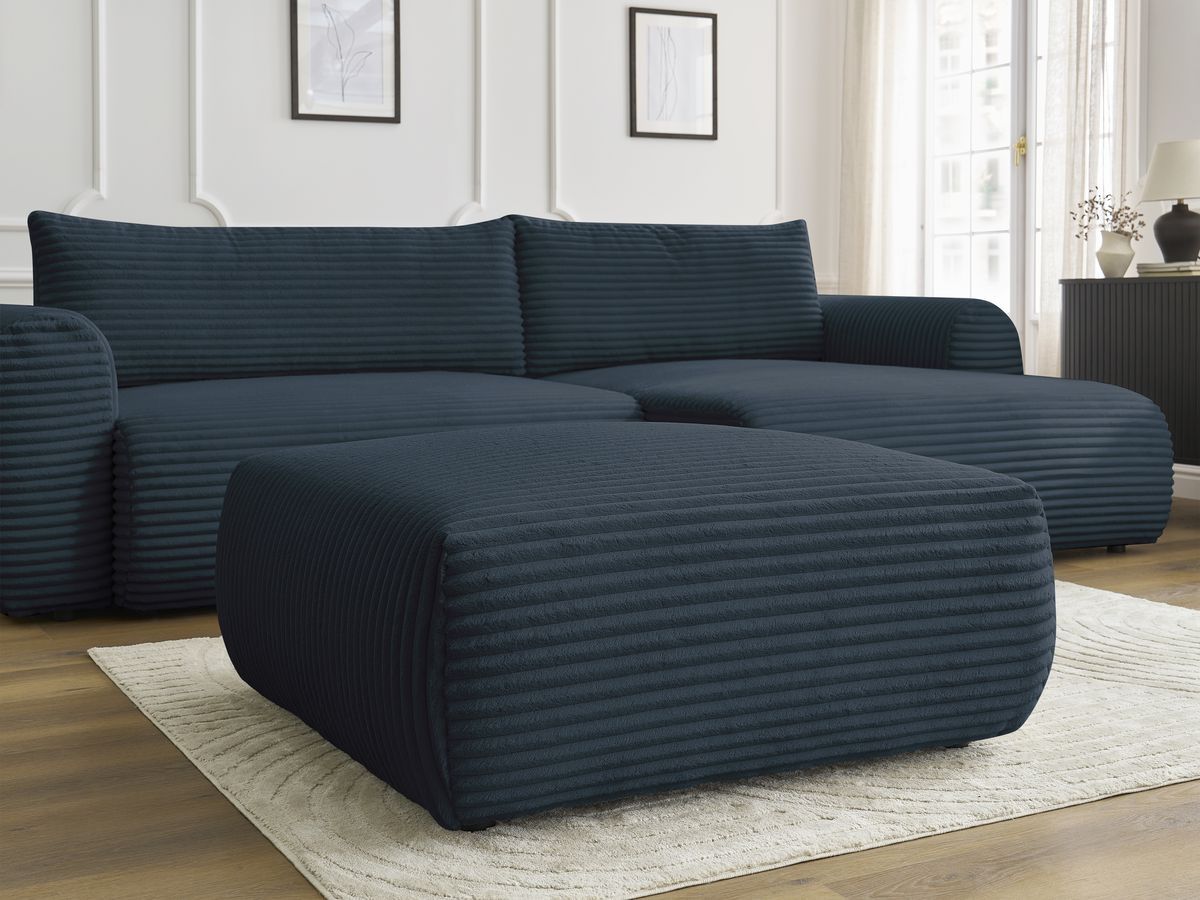 Bobochic Lucien Ecksofa mit Schlaffunktion und Bettkasten und Pouf 314 × 167 cm Breitcord weich Dunkelblau Ecke rechts