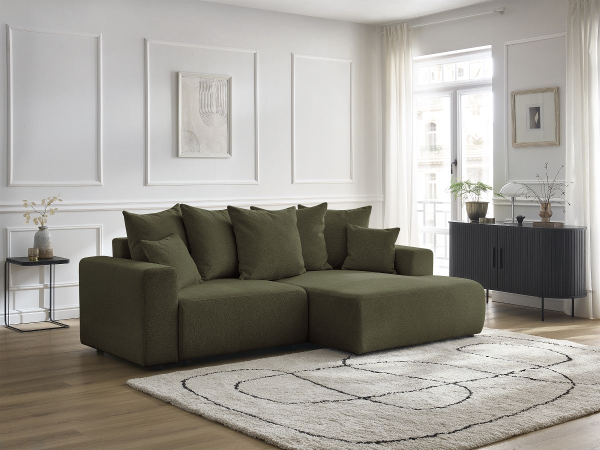 Bobochic Atilla Ecksofa mit Schlaffunktion und Bettkasten Melange-Stoff Grün Ecke rechts