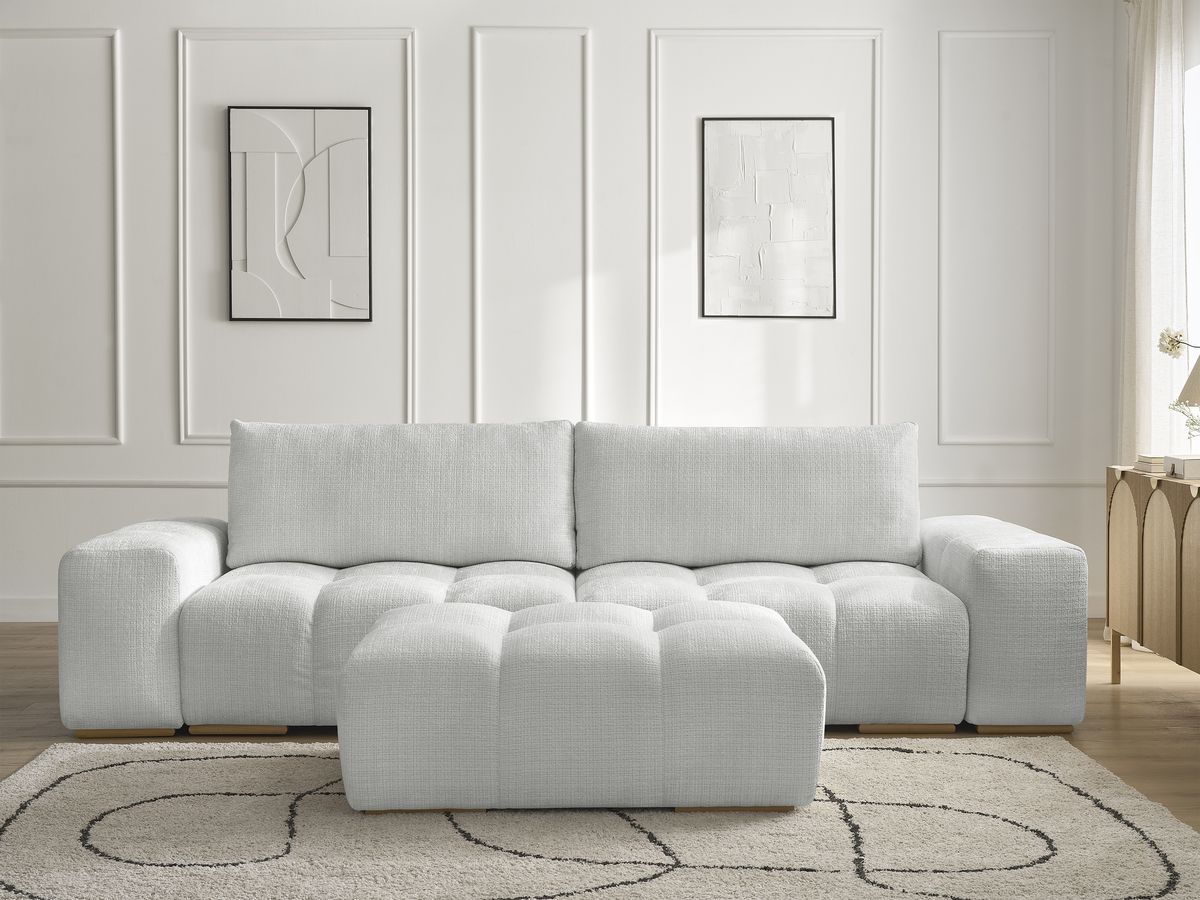 Bobochic Anakin Sofa 3-Sitzer mit Pouf, 2 Kissen Strukturstoff Hellgrau