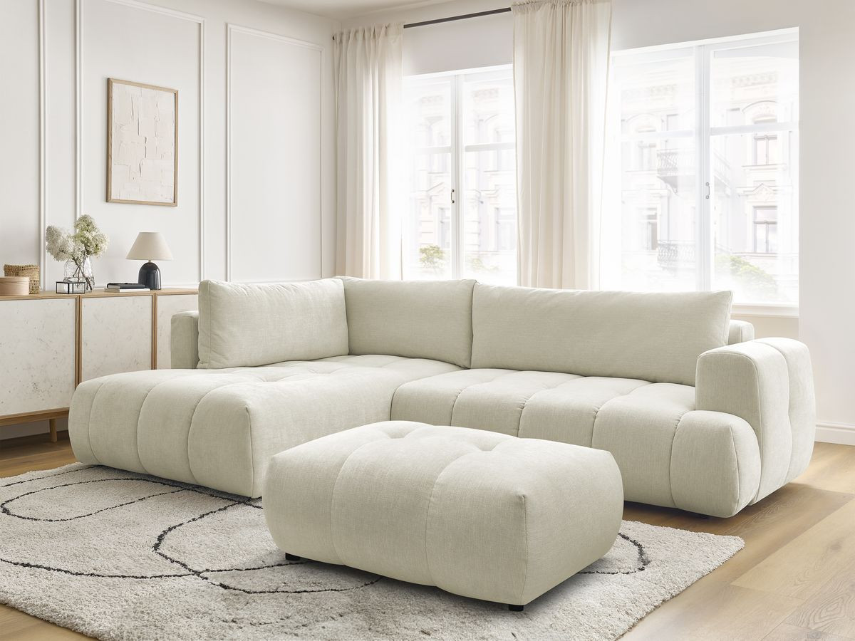 Bobochic Fuji Ecksofa mit Schlaffunktion und Bettkasten und Pouf 282 × 204 cm Stoff Beige Ecke links