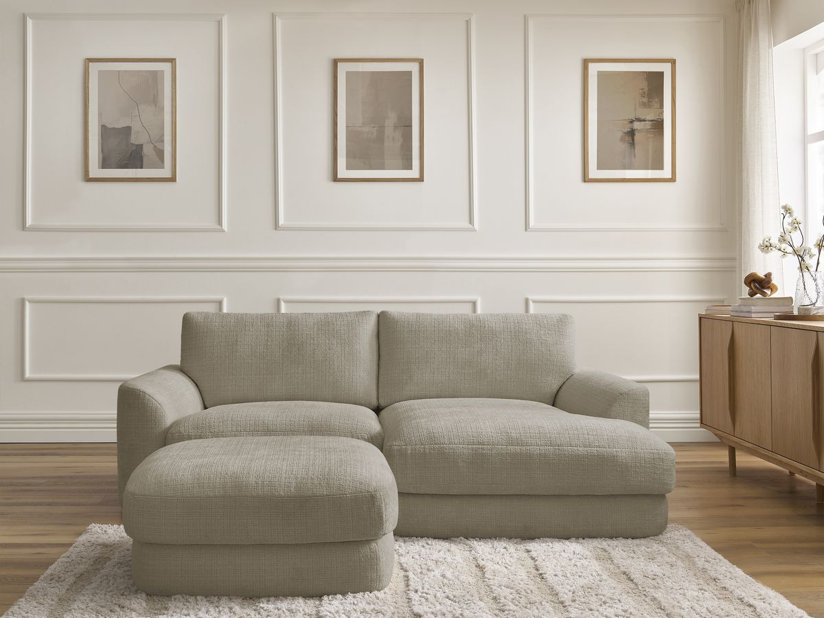 Bobochic Leonore Ecksofa mit Pouf Strukturstoff Taupe Ecke rechts