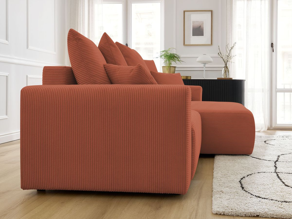 Bobochic Atilla Ecksofa mit Schlaffunktion und Bettkasten Cordsamt Orange Ecke rechts