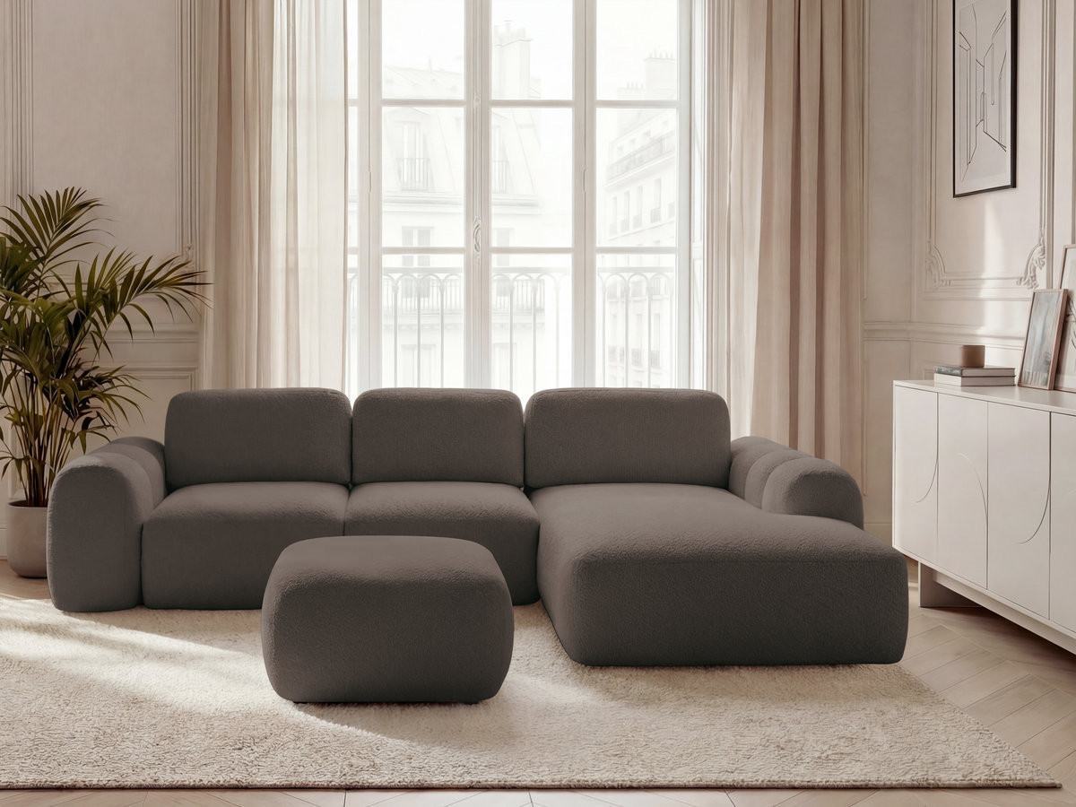 Bobochic Montaigne Ecksofa mit Schlaffunktion und Bettkasten und Pouf 288 × 196 cm Bouclé-Stoff Braun Ecke rechts