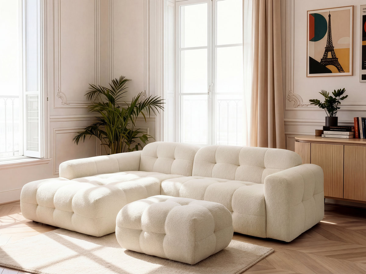 Bobochic Laura Ecksofa mit kleinem Pouf Melange-Stoff Beige Ecke links