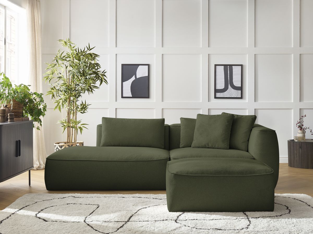 Bobochic Leopold Sofa 4-Sitzer mit Pouf Melange-Stoff Dunkelgrün Armlehne rechts