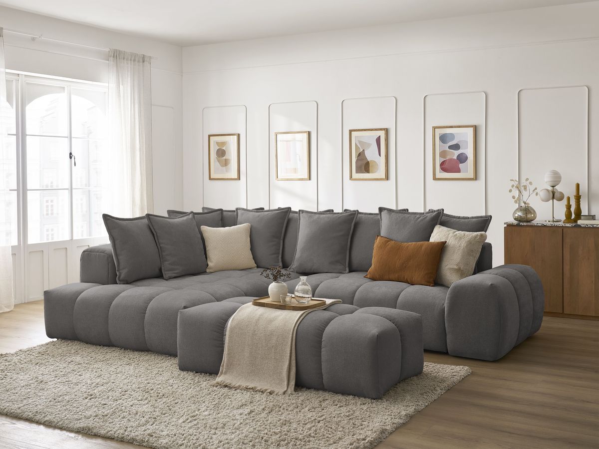 Bobochic Everest Ecksofa mit Schlaffunktion und Bettkasten und Pouf 320 × 212 cm, 10 Kissen Strukturstoff Dunkelgrau Ecke links