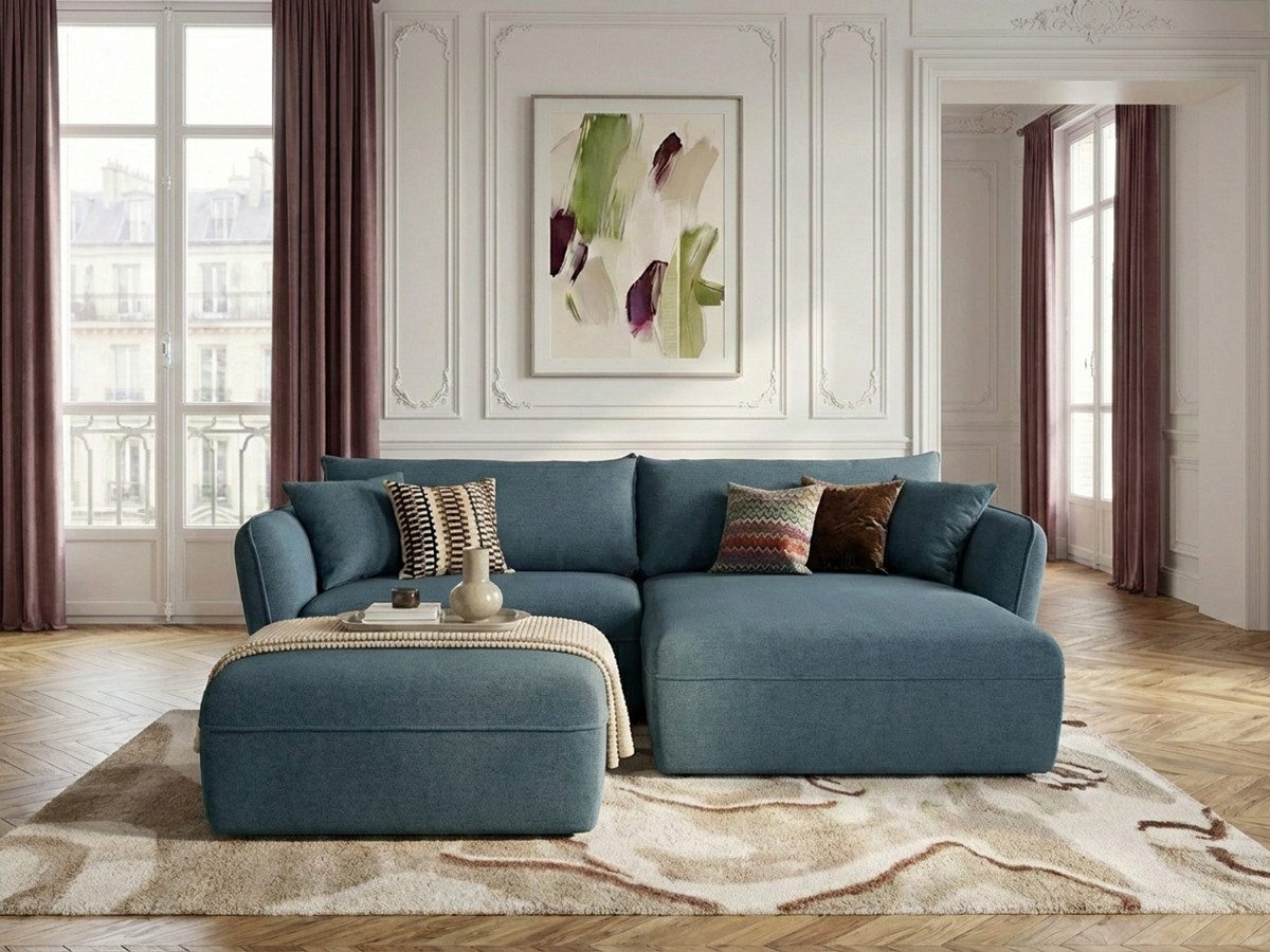 Bobochic Luigi Ecksofa mit Pouf Strukturstoff Blau Ecke rechts