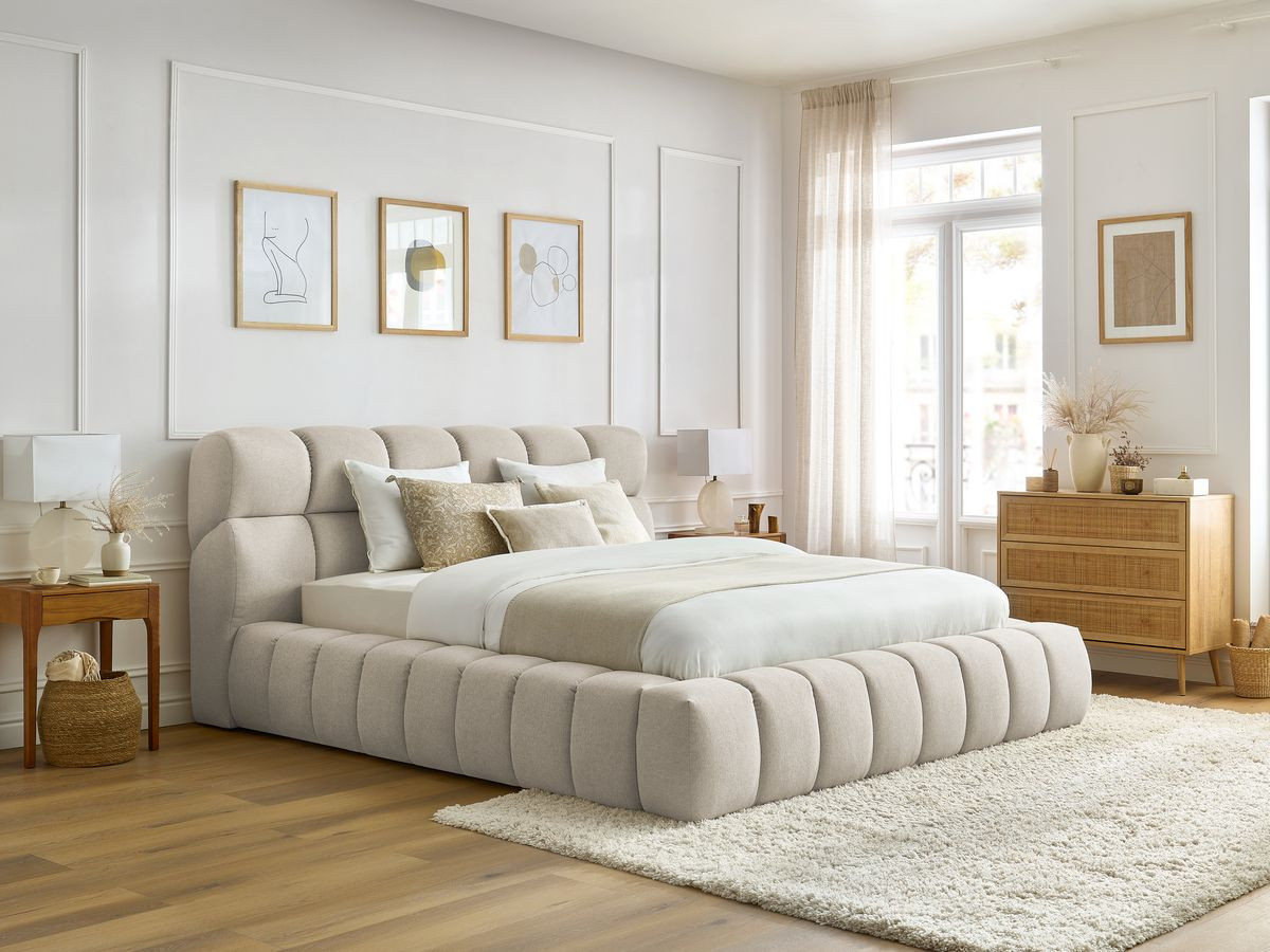 Bobochic Mont-blanc Polsterbett mit Bettkasten Stoff Beige, Liegefläche 140 × 190 cm