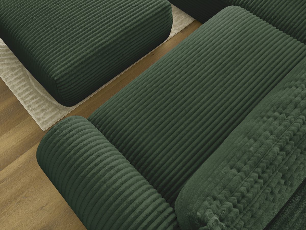 Bobochic Lucien Ecksofa mit Schlaffunktion und Bettkasten und Pouf 296 × 198 cm Breitcord weich Grün Ecke links