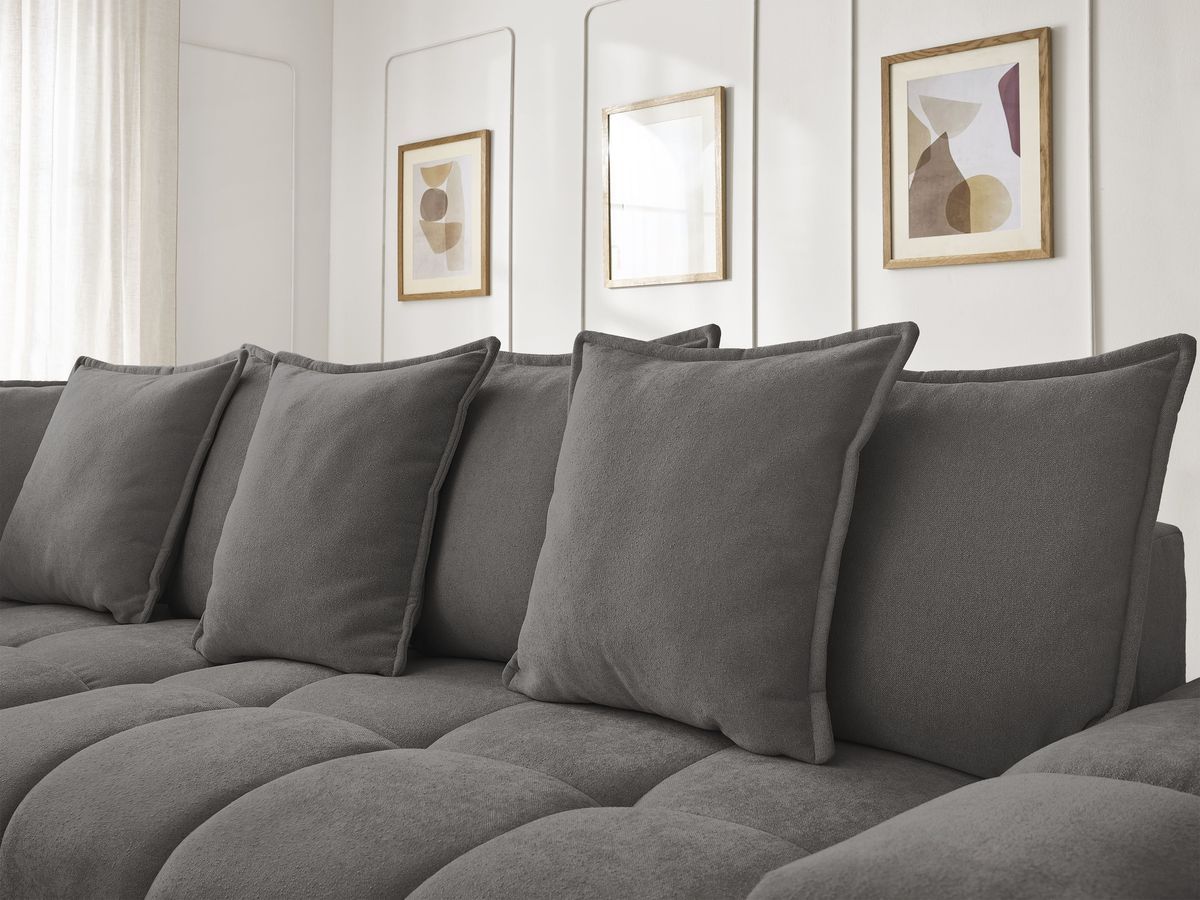 Bobochic Everest Ecksofa mit Schlaffunktion und Bettkasten 320 × 212 cm, 10 Kissen Strukturstoff Dunkelgrau Ecke links