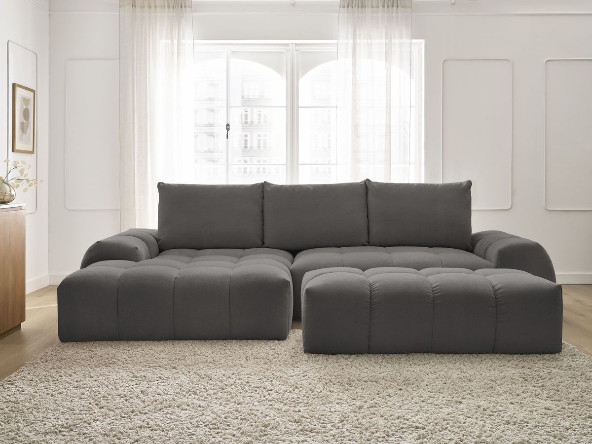 Bobochic Everest Ecksofa mit Schlaffunktion und Bettkasten und Pouf 318 × 180 cm, 3 Kissen Strukturstoff Dunkelgrau Ecke links