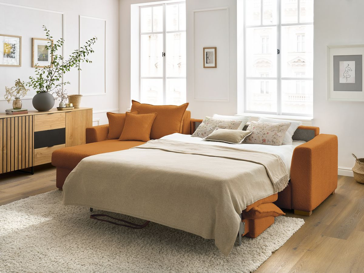 Bobochic Augustin Ecksofa mit Schlaffunktion und Bettkasten Bouclé-Stoff Gelb, Liegefläche 160 × 200 cm