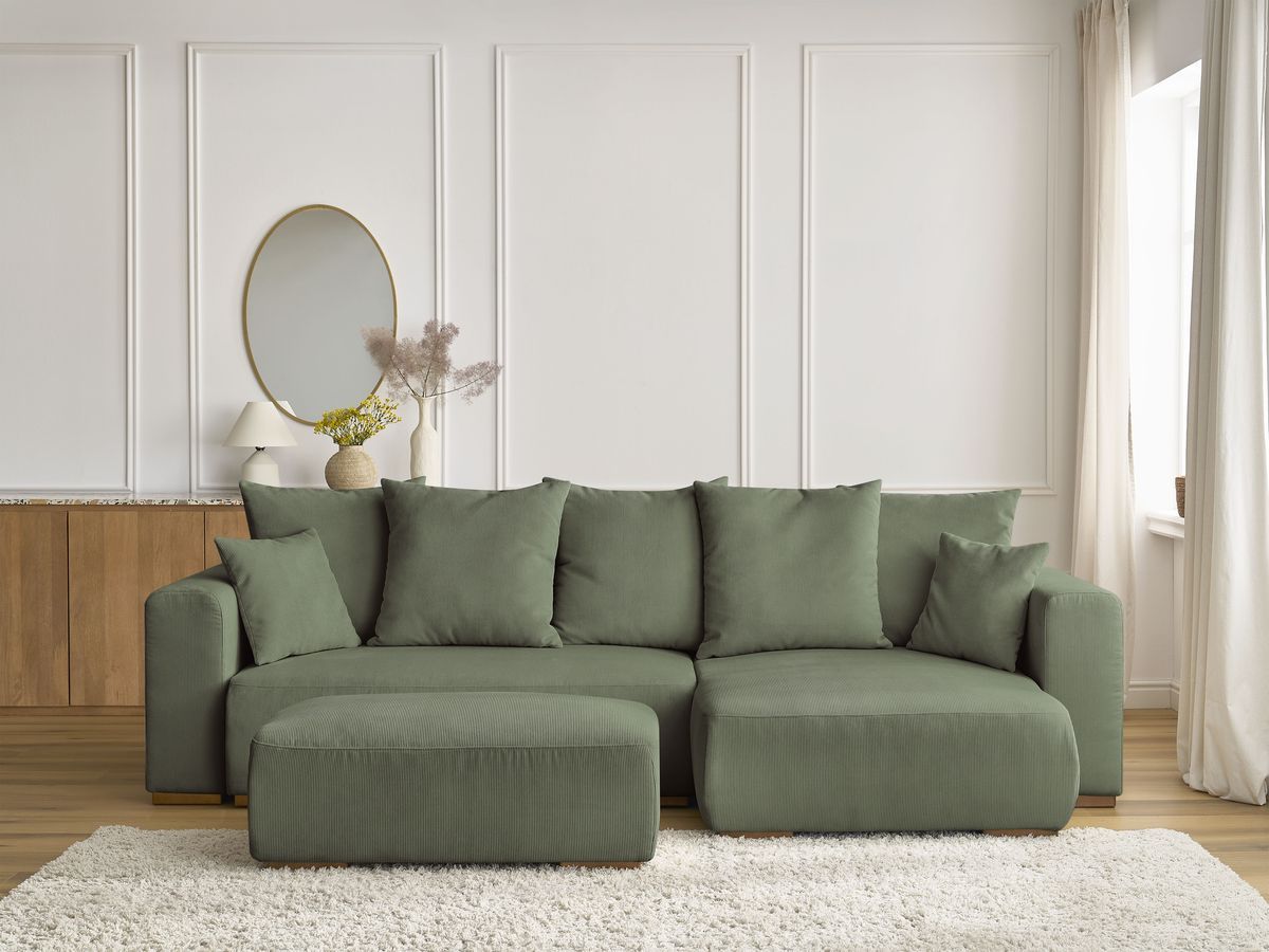Bobochic Sidonie Ecksofa mit Schlaffunktion und Bettkasten und Pouf Cordsamt Grün