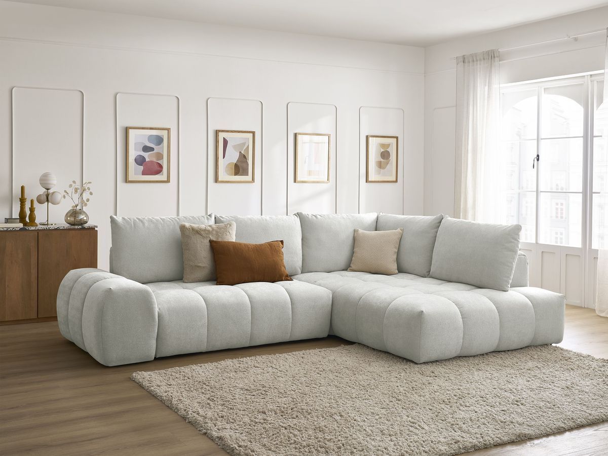 Bobochic Everest Ecksofa mit Schlaffunktion und Bettkasten 320 × 212 cm, 5 Kissen Strukturstoff Hellgrau Ecke rechts