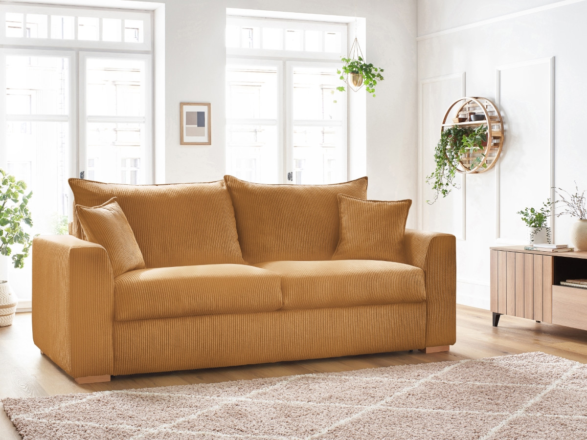 Bobochic Augustin Schlafsofa 3-Sitzer Cordsamt Gelb, Liegefläche 140 × 200 cm