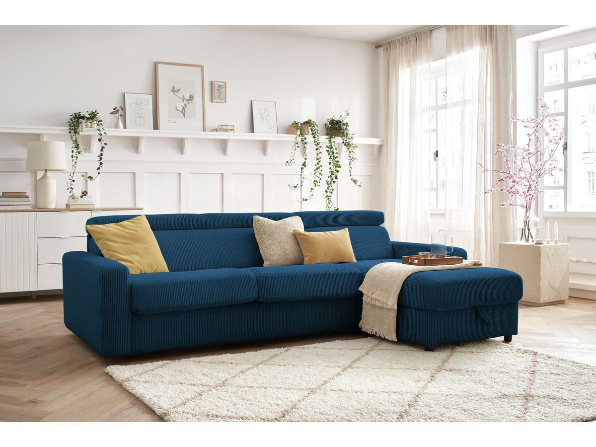 Bobochic Monaco Ecksofa mit Schlaffunktion und Bettkasten Cordsamt Dunkelblau, Liegefläche 160 × 190 cm