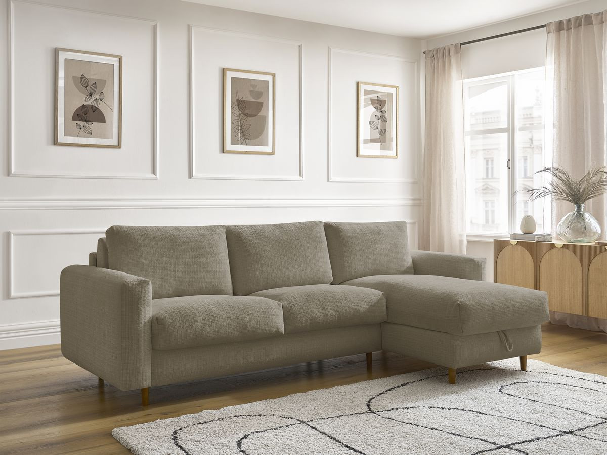 Bobochic Cocoone Ecksofa mit Schlaffunktion und Bettkasten Strukturstoff Taupe, Liegefläche 140 × 200 cm