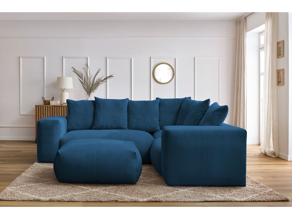 Bobochic Voltaire Ecksofa mit Pouf 268 × 214 cm Cordsamt Dunkelblau Ecke rechts