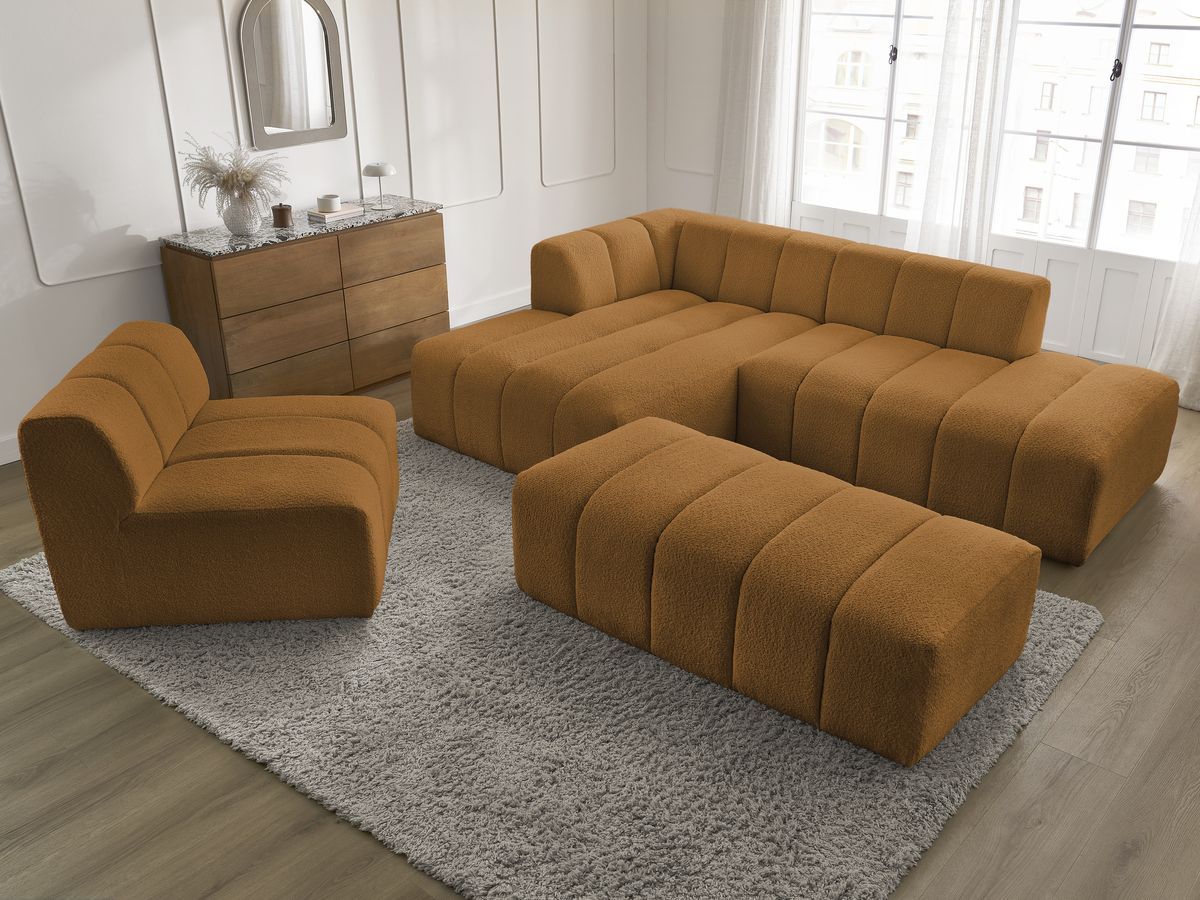 Bobochic Annecy Ecksofa mit Sofamodul und Pouf Bouclé-Stoff Gelb Ecke links