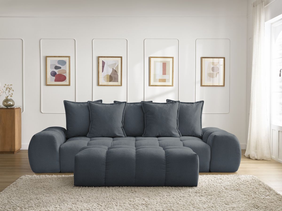 Bobochic Everest Sofa 3-Sitzer mit Pouf, 5 Kissen Strukturstoff Dunkelblau