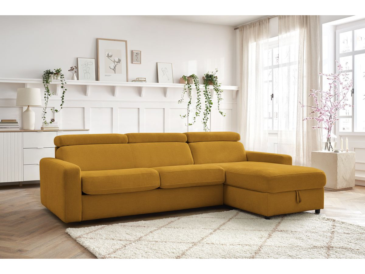 Bobochic Monaco Ecksofa mit Schlaffunktion und Bettkasten Stoff Gelb, Liegefläche 140 × 190 cm
