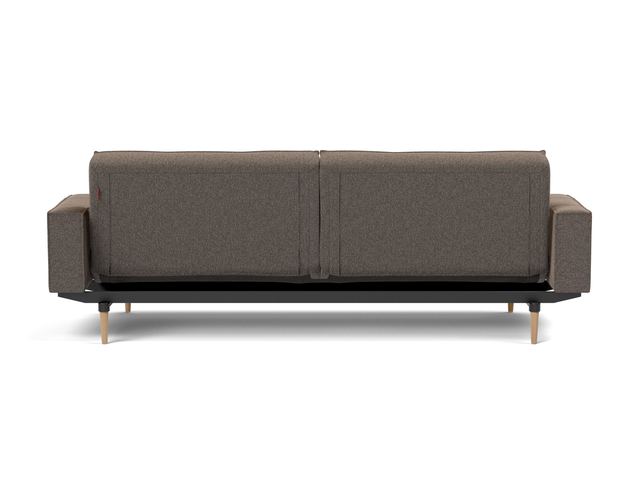 Schlafsofa Splitback mit Armlehnen Boucle Skandi 530-Taupe Beine Styletto Eiche hell