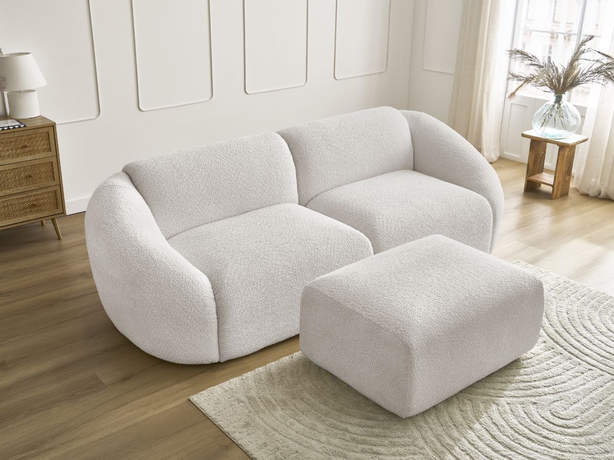 Bobochic Tina Sofa 4-Sitzer mit Pouf Bouclé-Stoff Weiß