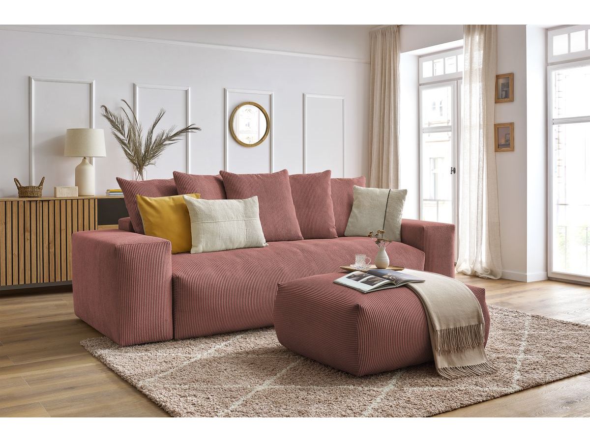 Bobochic Voltaire Schlafsofa 4-Sitzer mit Bettkasten und Pouf Cordsamt Rosa