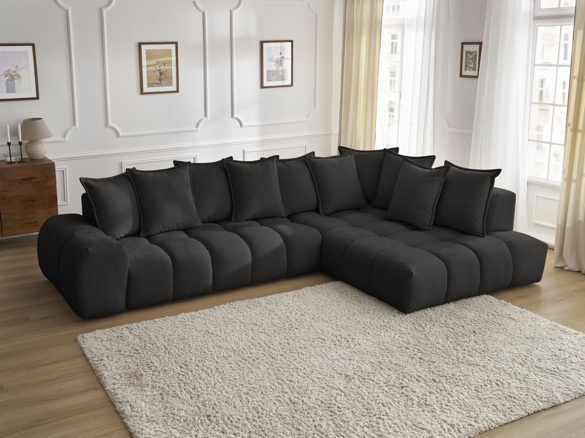 Bobochic Everest Ecksofa, 10 Kissen Strukturstoff Schwarz Ecke rechts