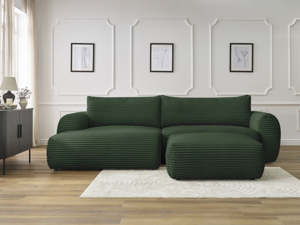 Bobochic Lucien Ecksofa mit Schlaffunktion und Bettkasten und Pouf 314 × 167 cm Breitcord weich Grün Ecke links