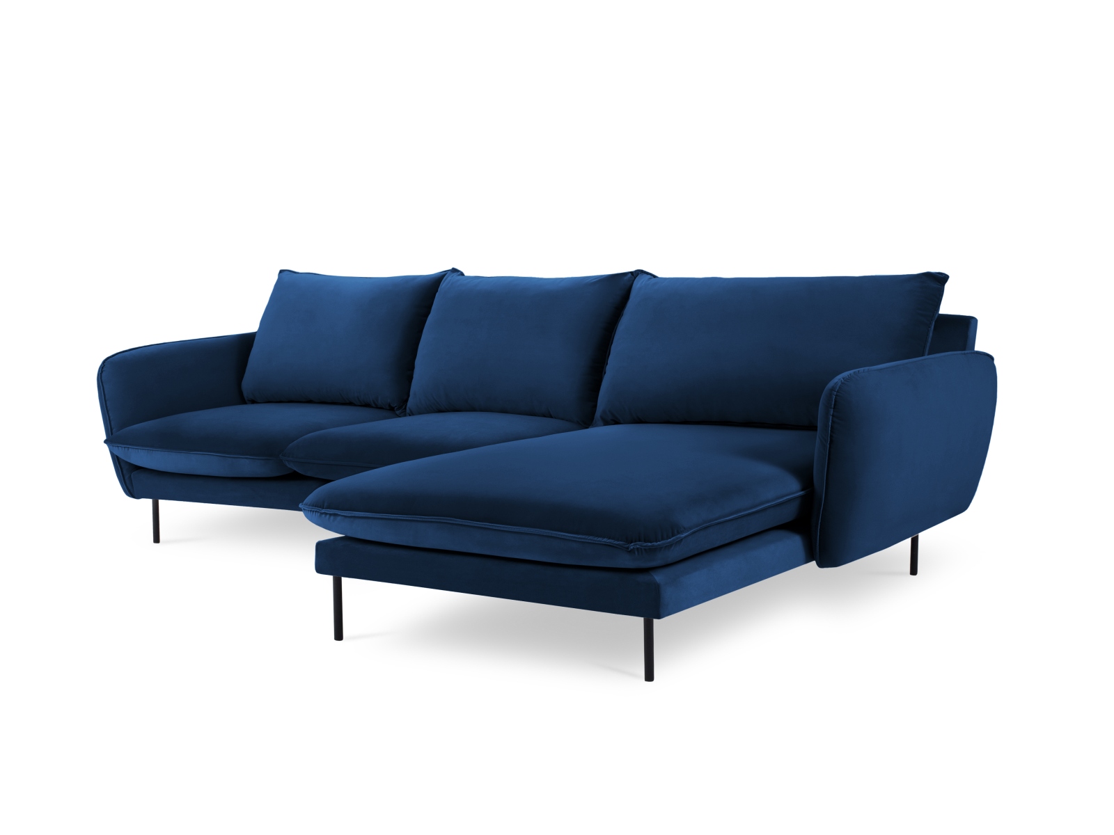 Cosmopolitan Design Ecksofa Vienna 5-Sitzer Samt Bluvel Königsblau Rechts Beine Schwarzes Metall