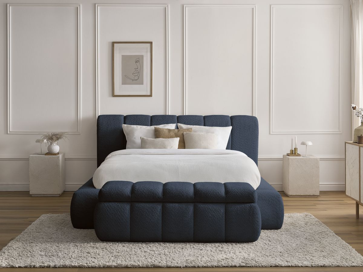 Bobochic Denali Polsterbett mit Bettkasten mit Bettbank Bouclé-Stoff Dunkelblau, Liegefläche 140 × 190 cm