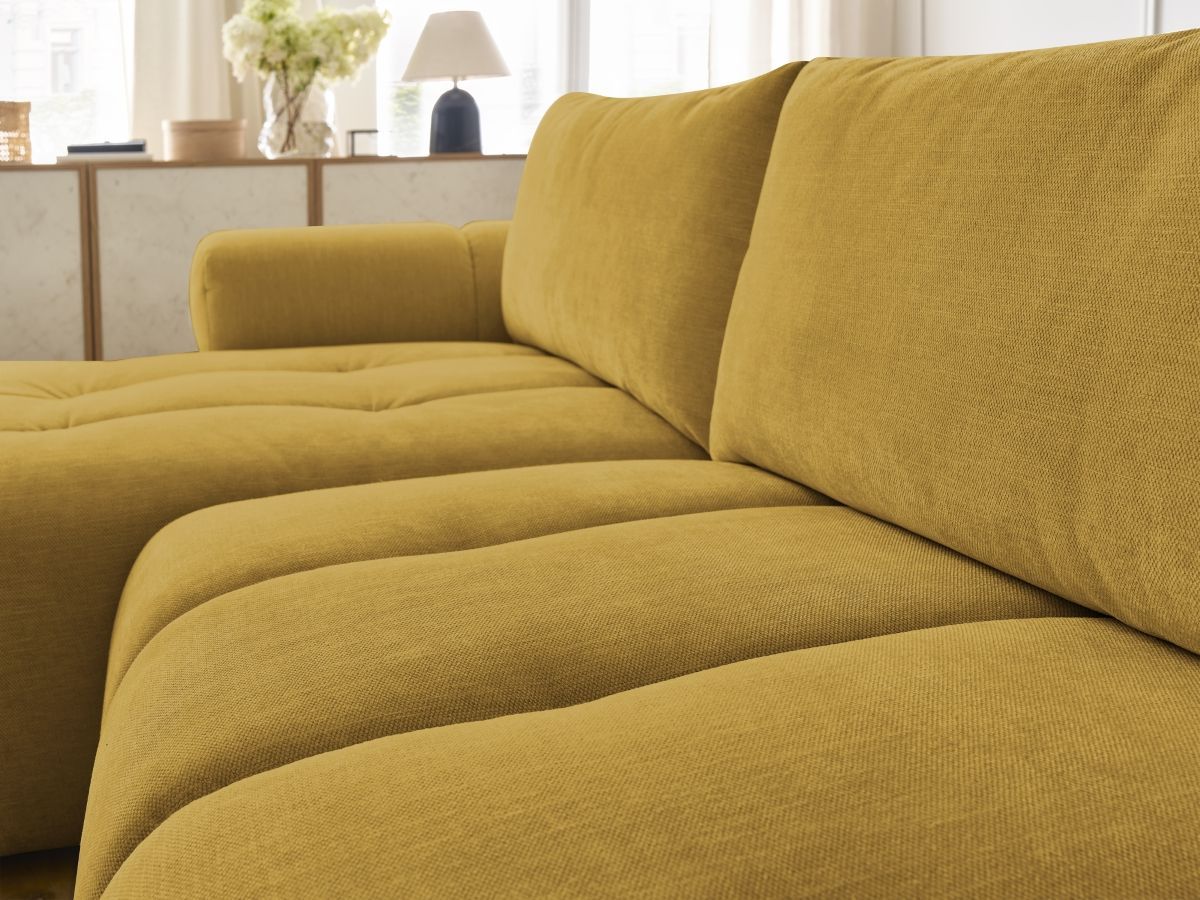 Bobochic Fuji Ecksofa mit Schlaffunktion und Bettkasten und Pouf 292 × 160 cm Stoff Gelb Ecke links