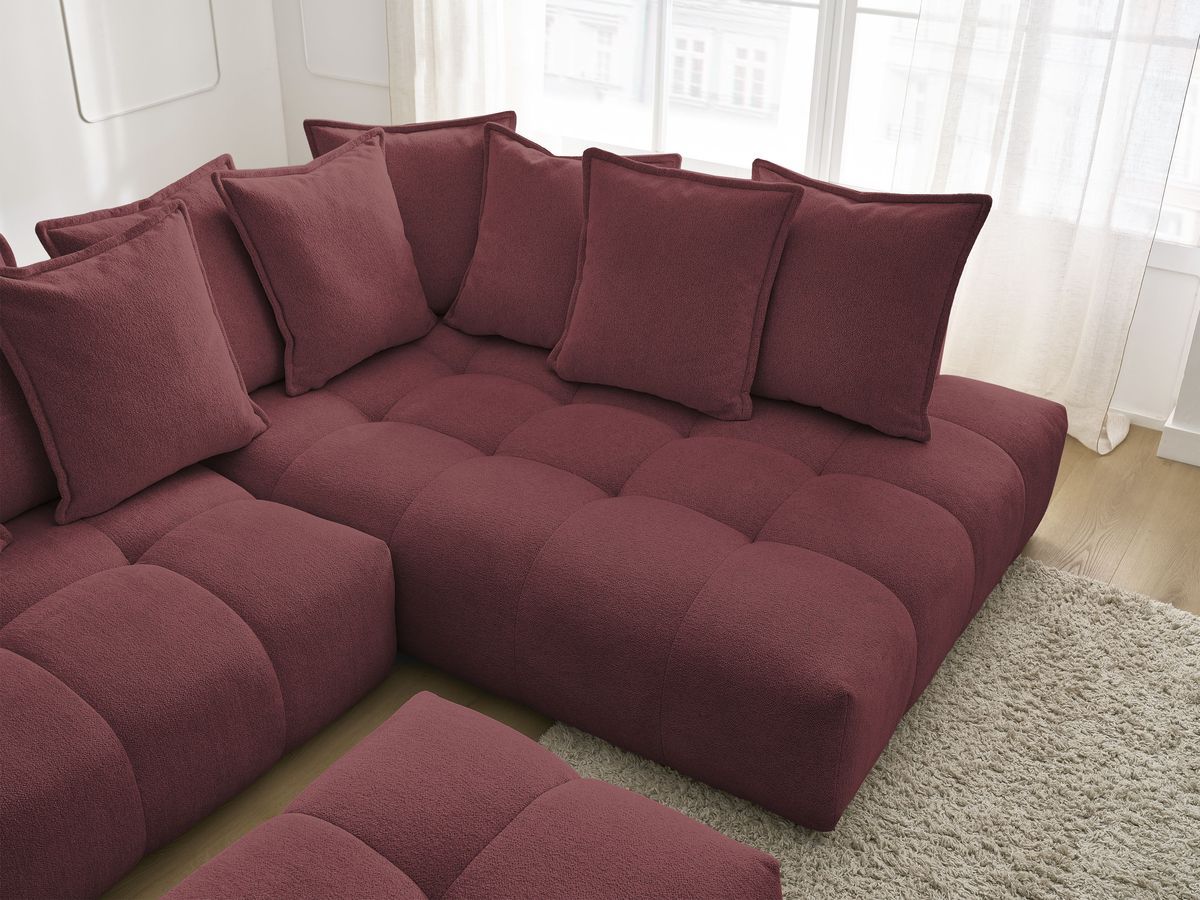 Bobochic Everest Ecksofa mit Schlaffunktion und Bettkasten und Pouf 320 × 212 cm, 10 Kissen Melange-Stoff Rot Ecke rechts