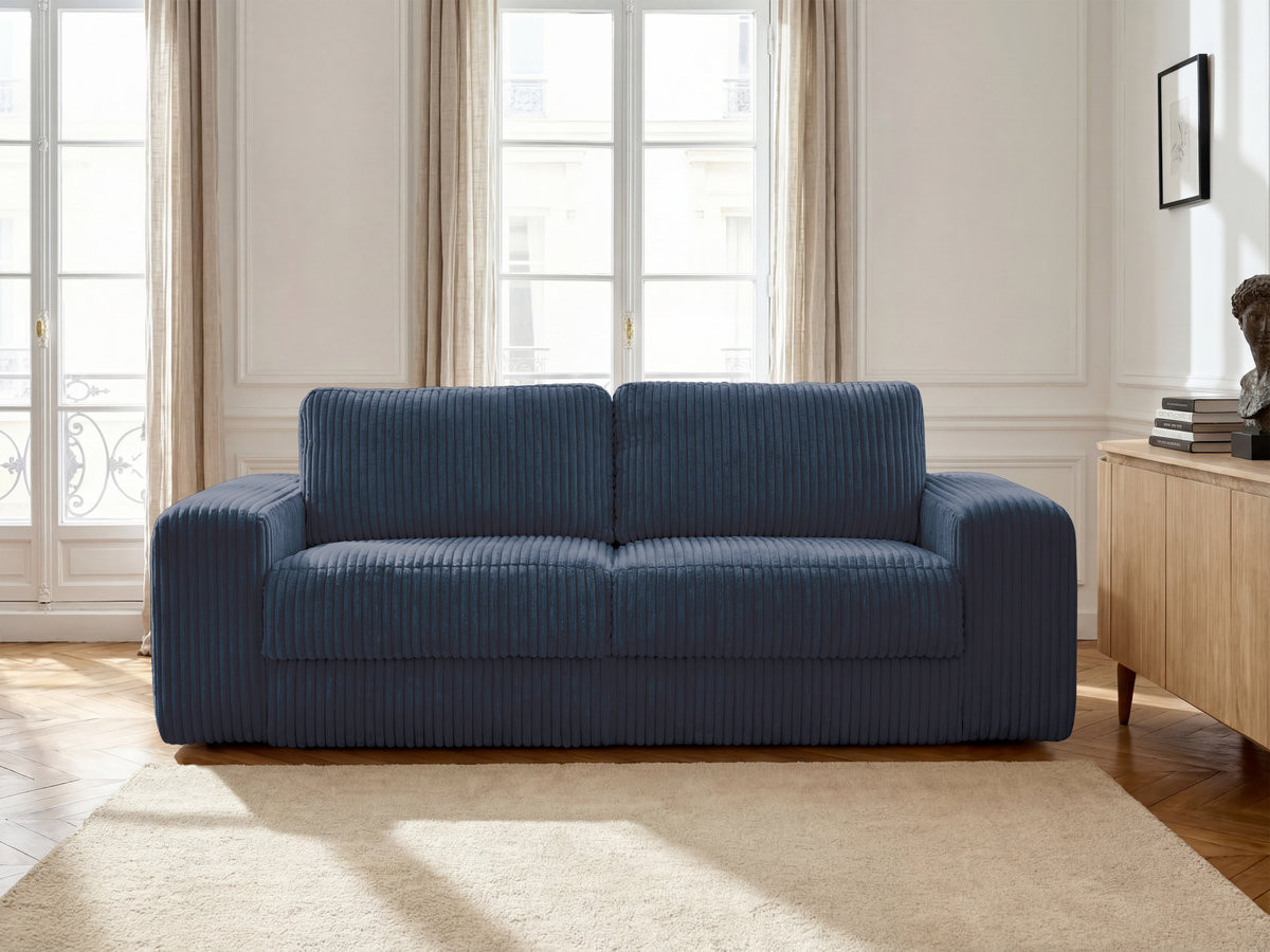 Bobochic Ibiza Schlafsofa 3-Sitzer Cordsamt Dunkelblau, Liegefläche 140 × 196 cm