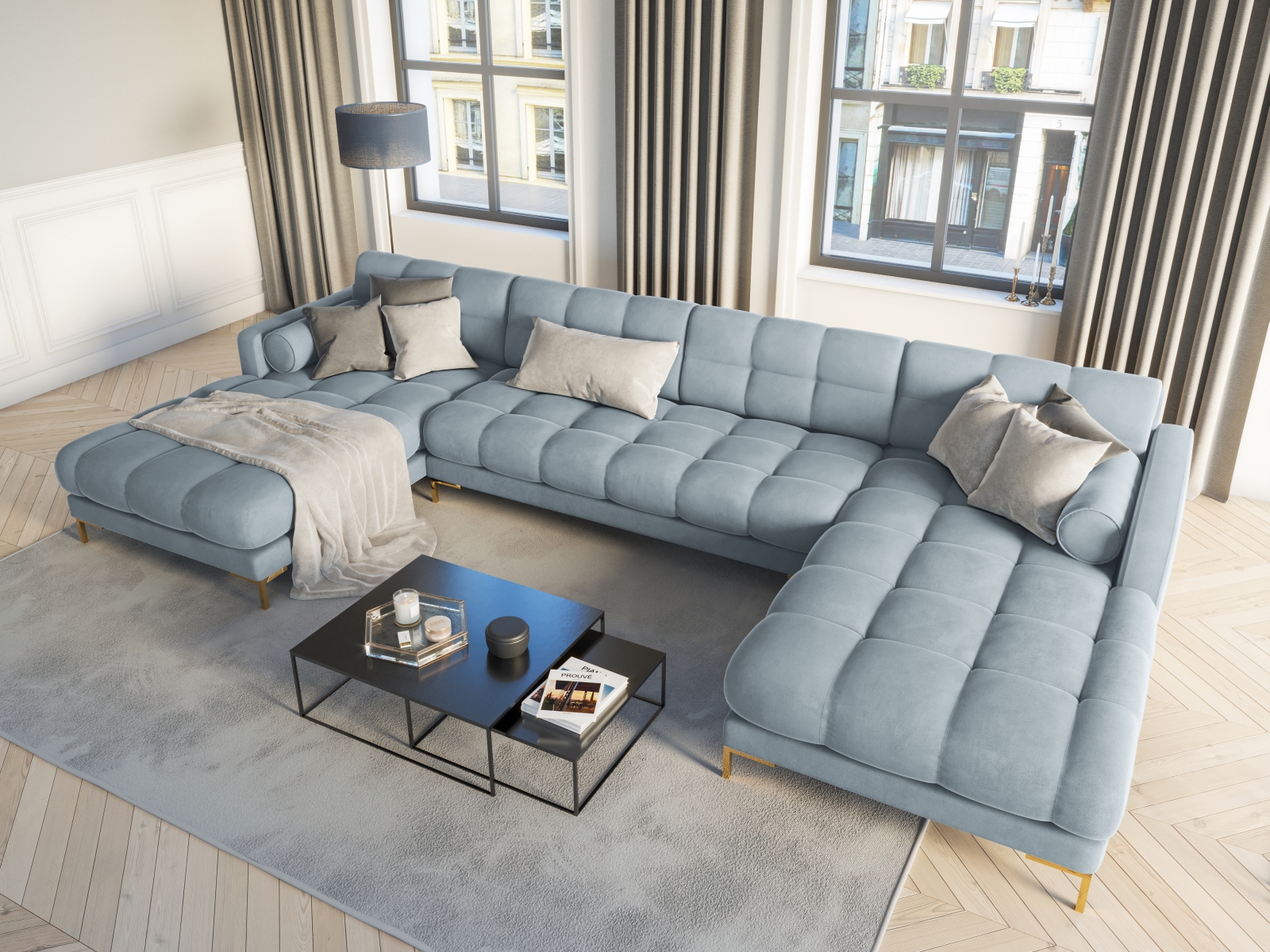 Cosmopolitan Design Panoramasofa Bali 7-Sitzer 383 cm Samt Bluvel Hellblau Beine Gold