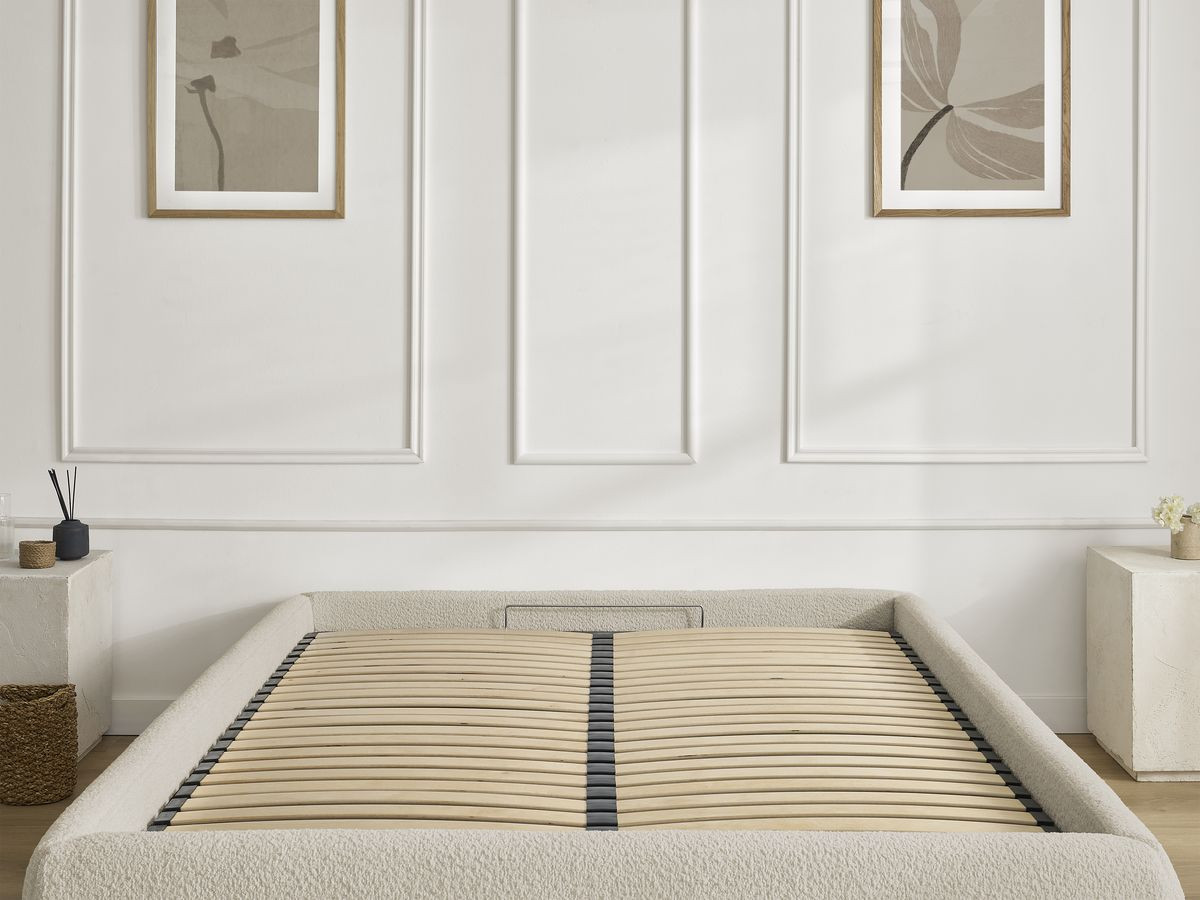 Bobochic Inera Bettgestell mit Bettkasten, ohne Kopfteil Bouclé-Stoff Beige, Liegefläche 140 × 190 cm