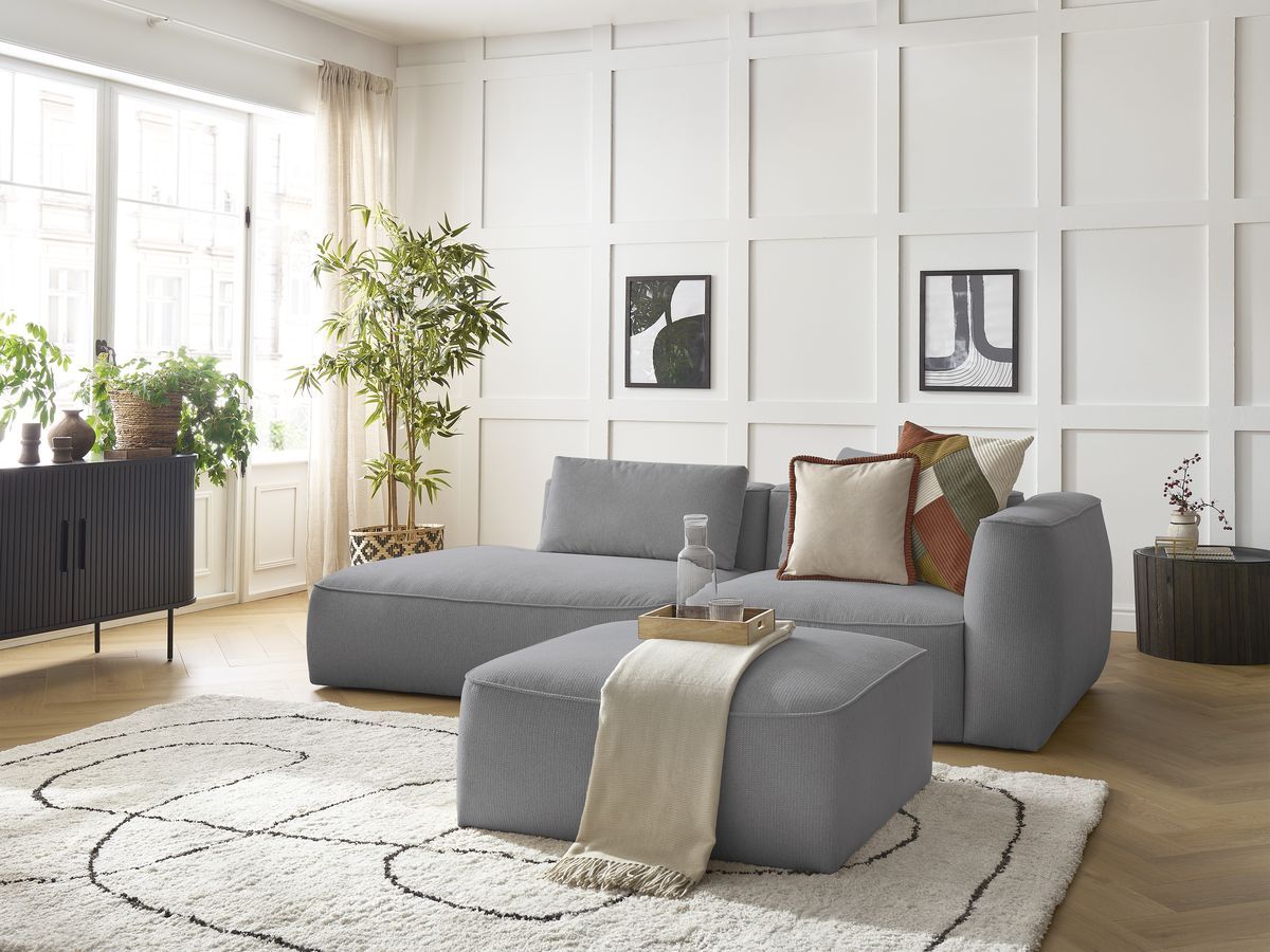 Bobochic Leopold Sofa 4-Sitzer mit Pouf Melange-Stoff Hellgrau Armlehne rechts