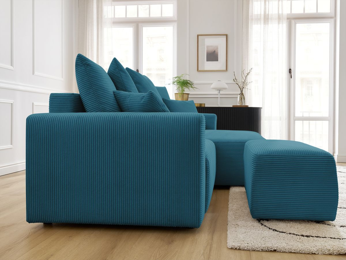 Bobochic Atilla Ecksofa mit Schlaffunktion und Bettkasten und Pouf Cordsamt Hellblau Ecke rechts