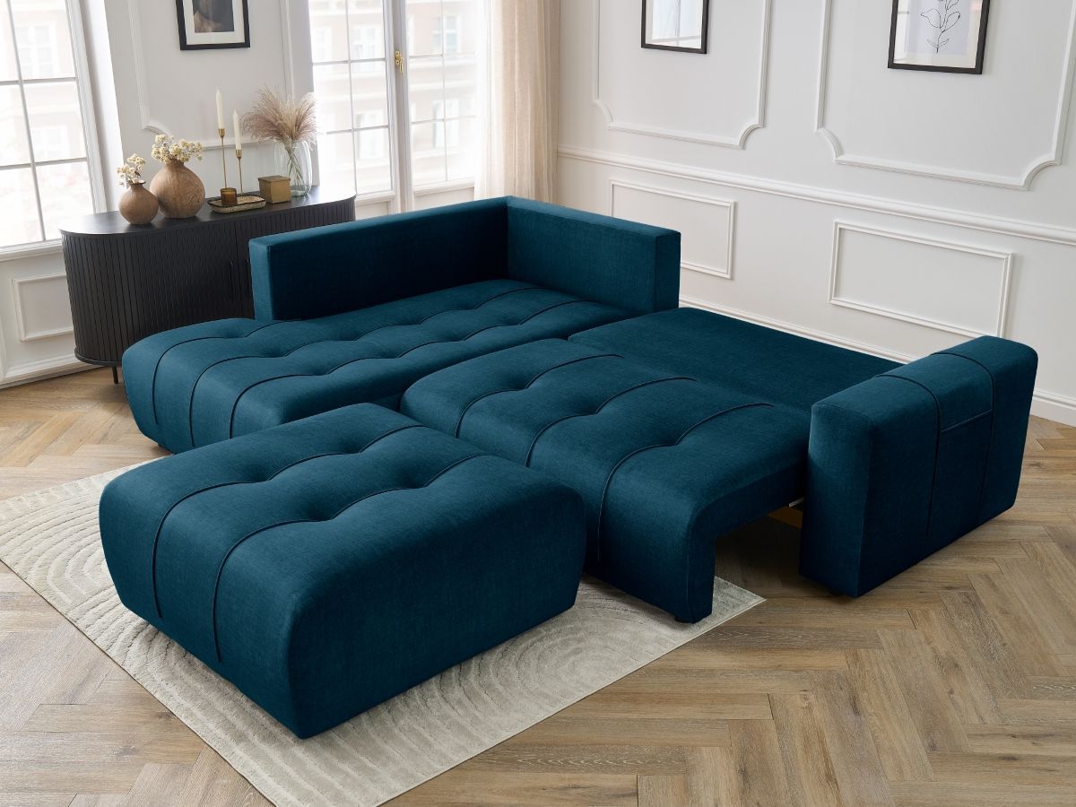 Bobochic Arsene Ecksofa mit Schlaffunktion und Bettkasten und Pouf 277 × 200 cm Samt Blau Ecke links