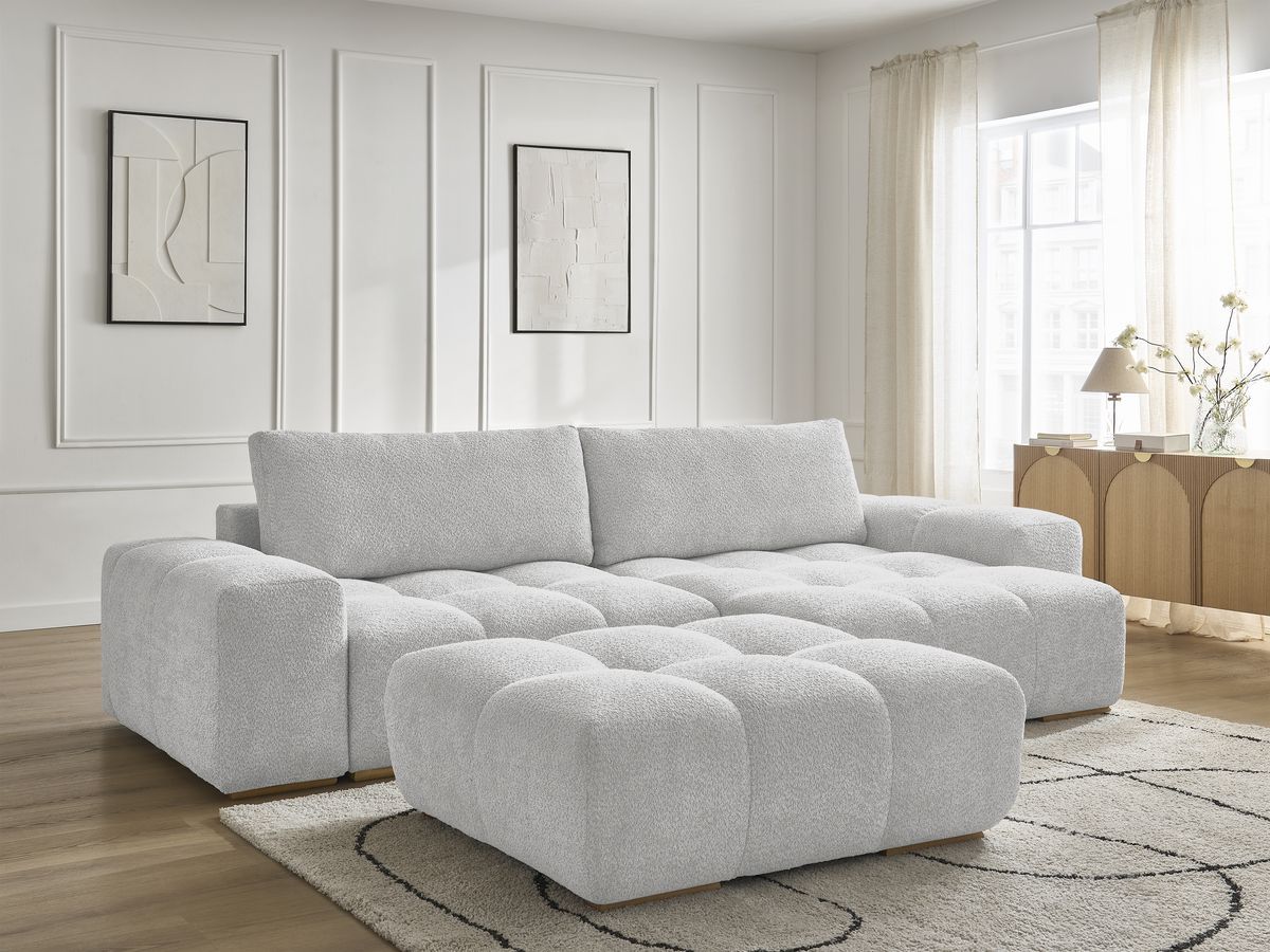 Bobochic Anakin Ecksofa mit Schlaffunktion und Bettkasten und Pouf, 2 Kissen Bouclé-Stoff Hellgrau