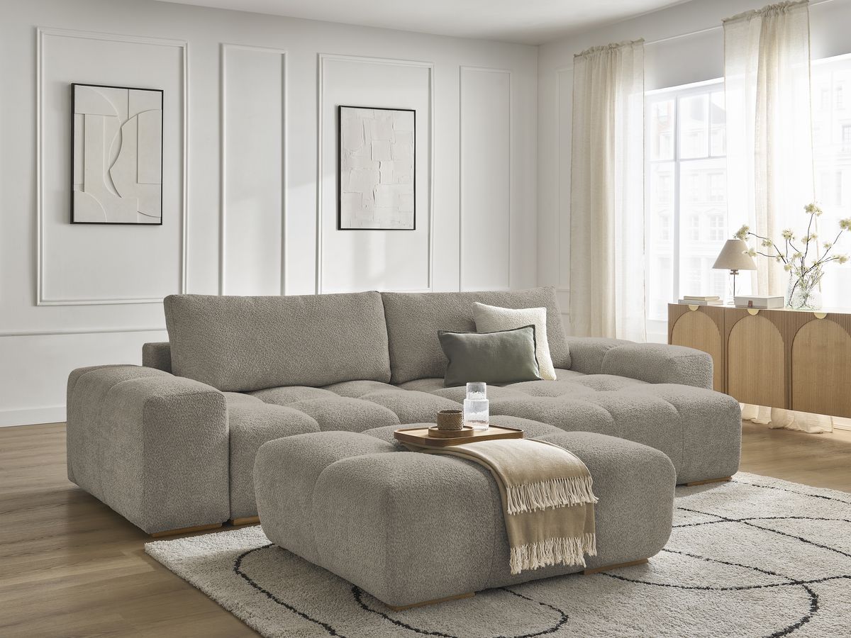 Bobochic Anakin Ecksofa mit Schlaffunktion und Bettkasten und Pouf, 2 Kissen Bouclé-Stoff Taupe
