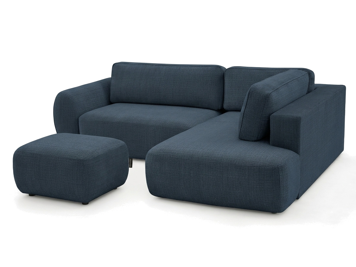 Bobochic Denise Ecksofa mit Schlaffunktion und Bettkasten und Pouf 256 × 197 cm Strukturstoff Dunkelblau Ecke rechts