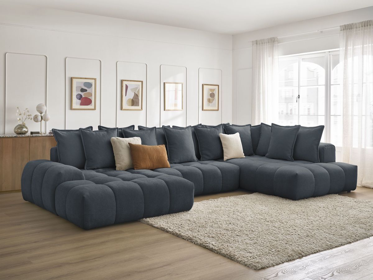 Bobochic Everest Wohnlandschaft, 14 Kissen Strukturstoff Dunkelblau Ecke links