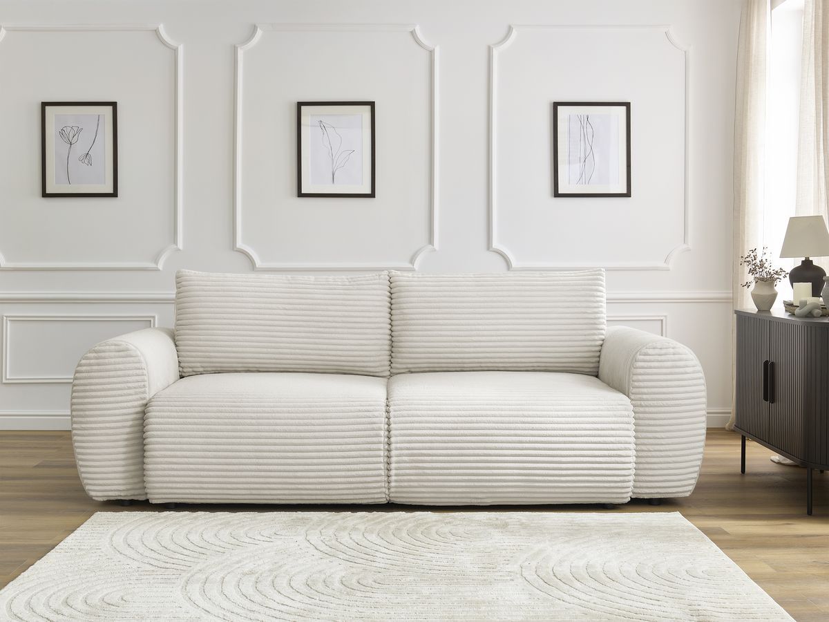 Bobochic Lucien Schlafsofa 3-Sitzer mit Bettkasten Breitcord weich Beige