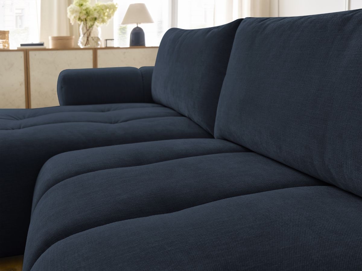 Bobochic Fuji Ecksofa mit Schlaffunktion und Bettkasten und Pouf 292 × 160 cm Stoff Dunkelblau Ecke links