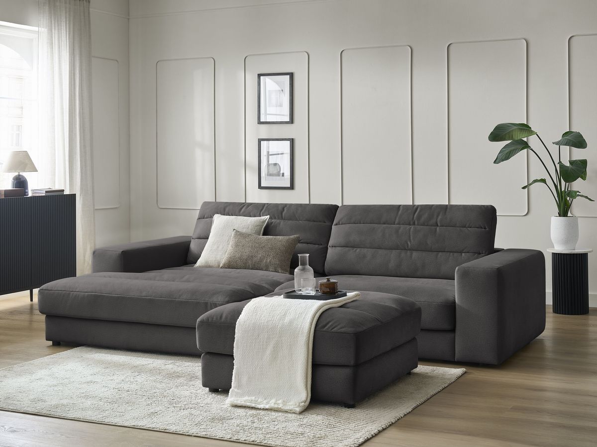 Bobochic Sierra Ecksofa mit Pouf Samt Schwarz Ecke links