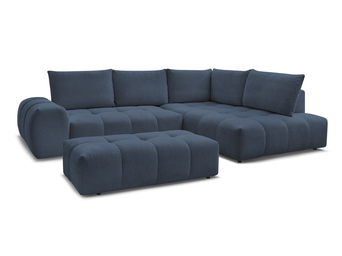 Bobochic Everest Ecksofa mit Schlaffunktion und Bettkasten und Pouf 320 × 212 cm, 5 Kissen Melange-Stoff Dunkelblau Ecke rechts