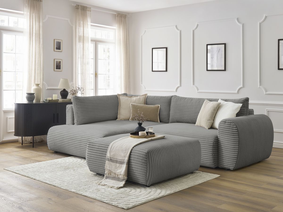 Bobochic Lucien Ecksofa mit Schlaffunktion und Bettkasten und Pouf 296 × 198 cm Breitcord weich Dunkelgrau Ecke links
