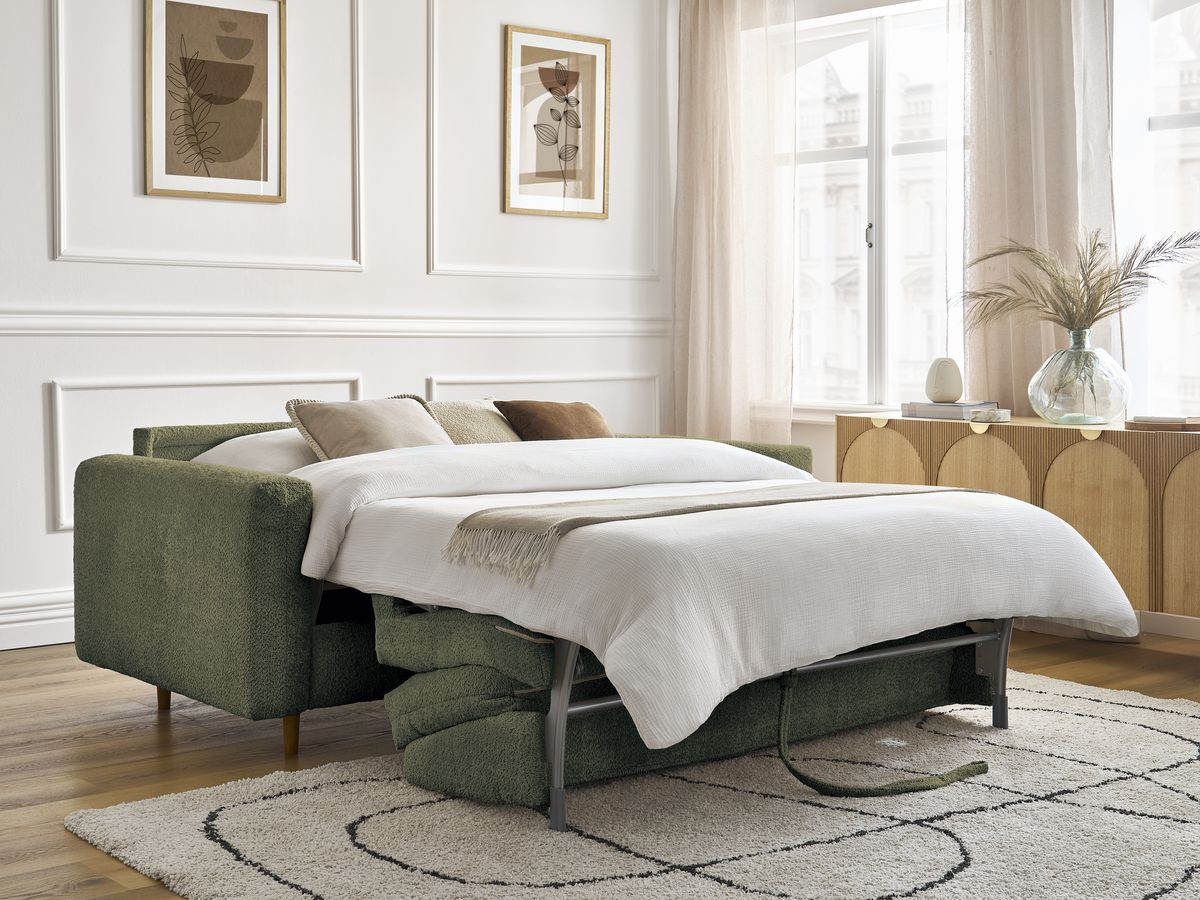 Bobochic Cocoone Schlafsofa 3-Sitzer Bouclé-Stoff Grün, Liegefläche 140 × 200 cm